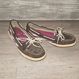 Sperry Deck Shoes, Dk. Brown Leather w/ Pinks & Purple Sz 9
